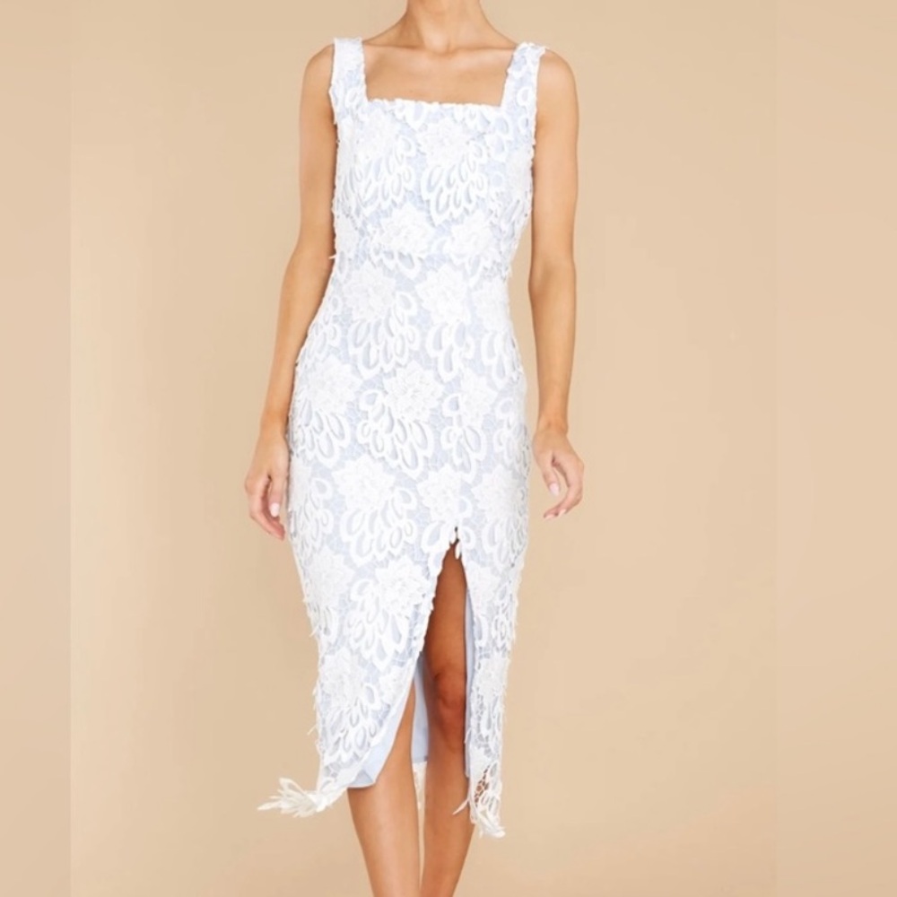 Just Me Light Blue and White Lace Overlay Fitted Midi Dress Size XS